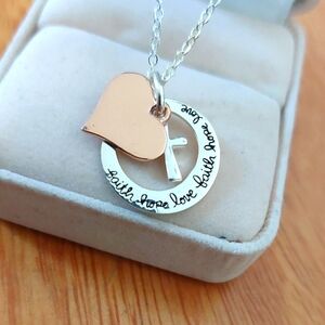 Silver and Gold Heart Pendant Necklace Faith HOPE LOVE 17"